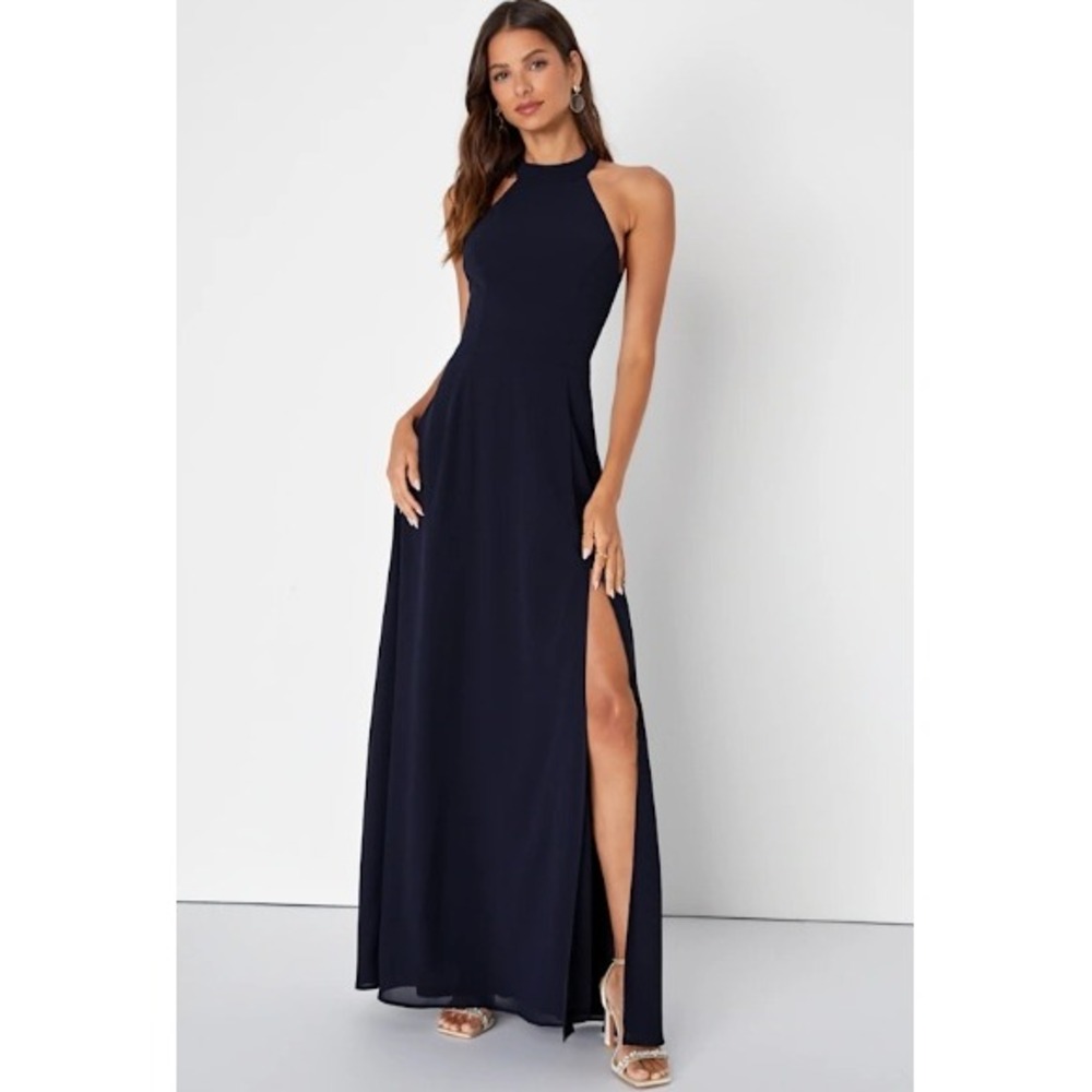 NEW Lulus Halter Maxi Dress Medium Navy Blue Formal Gala Evening Gown